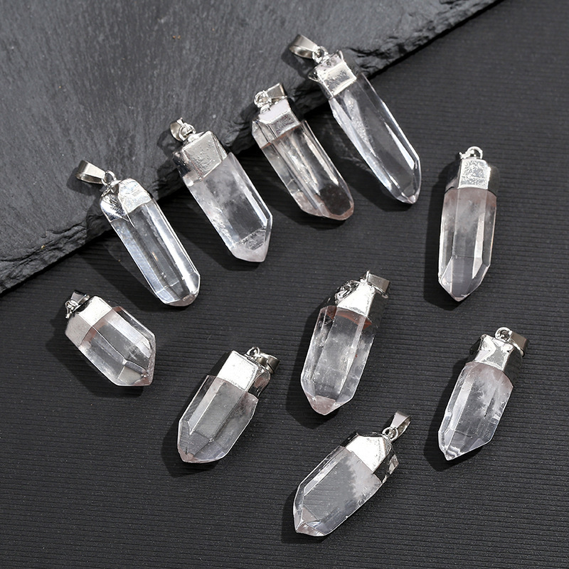 Crystal Pendant Necklace Natural Stone - Natuurlijke heldere kwartskristal hanger, elektrolytisch geplateerd,