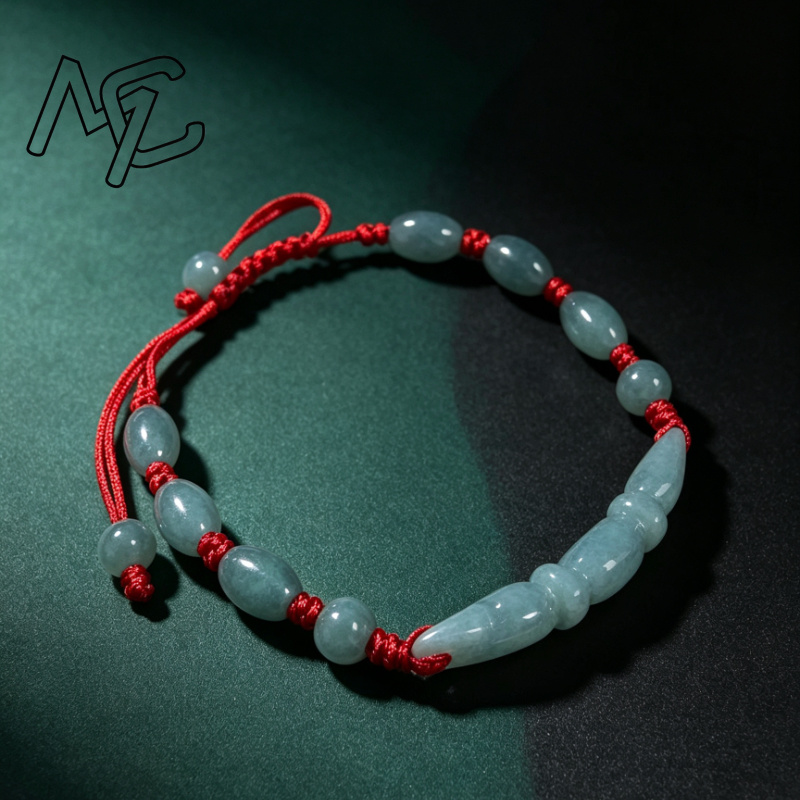 Bracelets - Natuurlijke blauwe waterjade, Birmaanse smaragd, lotuswortelknooppjes,